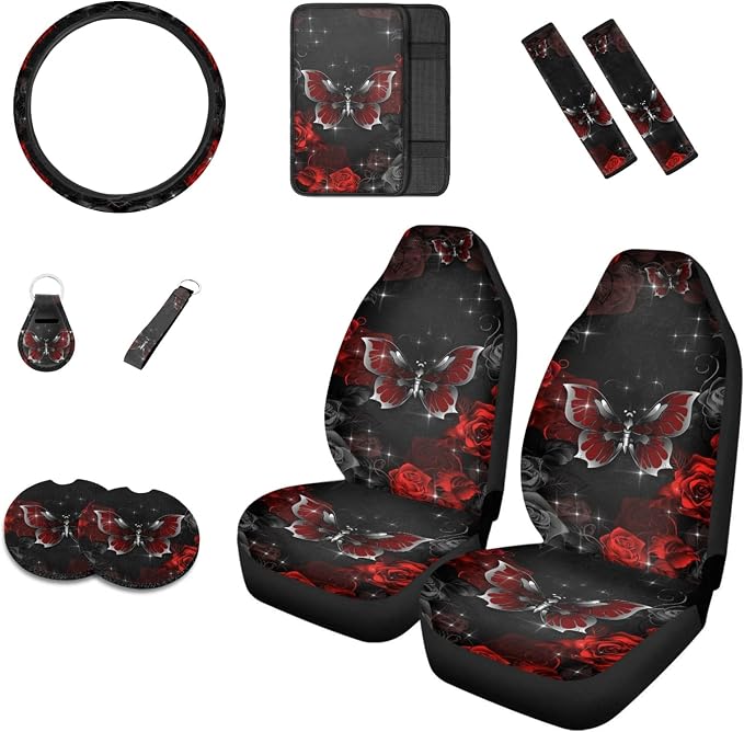 Howilath Red & Sliver Butterfly Rose Universal Car Seat Covers/Steering Wheel Cover/Coasters/Seatbelt Pads/Keychain/Armrest Cushion, Auto Accessories 10pcs