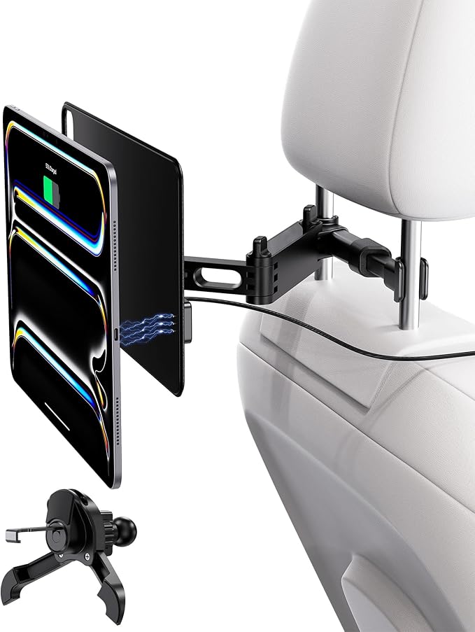 KU XIU Magnetic Wireless Charging Car Headrest Tablet Holder for iPad Pro 13'' M4/M5 Only, Adjustable Long Arm Tablet Car Mount Back Seat for Kids, Road Trip Essentials Holder with Air Vent Stand