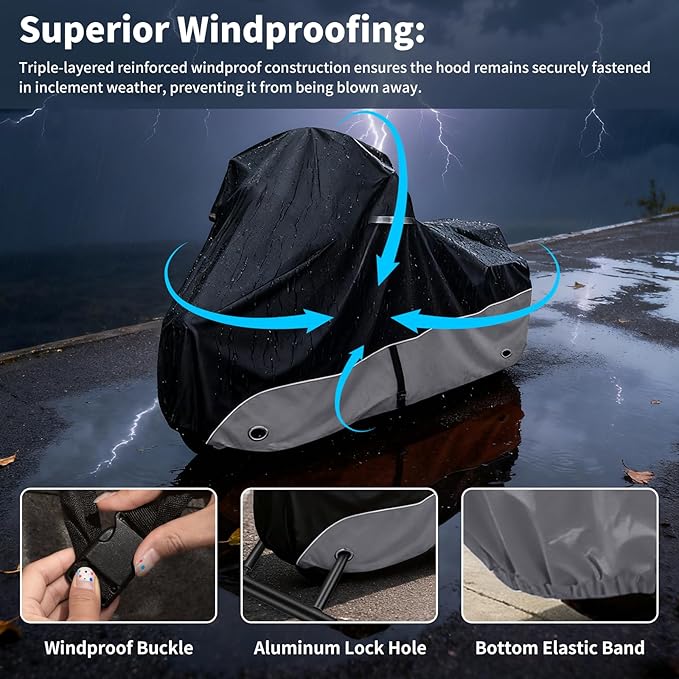Motorcycle Cover 420D Heavy Duty All-Season Weatherproof Outdoor Protective Cover, Featuring Ventilation Holes & Night Reflective, 96" XXL Vehicle Cover/Black Gray