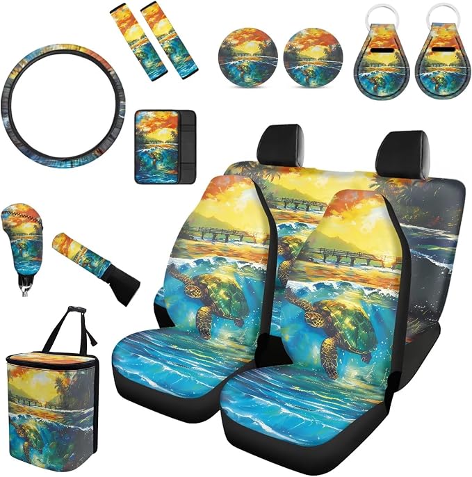 Forchrinse Beautiful Sky Car Seat Covers for Women 15Pcs Underwear Turtle Auto Interior Cover Set with Steering Wheel Cover,Armrest Seatbelt Pads,Garbage Can,Coaster,Keychain for Cars
