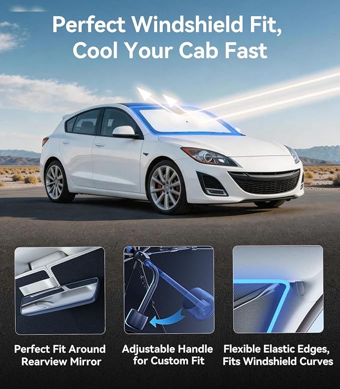 Nmoiss [Vinyl Coating Heat Shield] Windshield Sun Shade Umbrella Custom for Mazda 3, Protect Car from Sun Rays & Heat Damage Keep Cool and Protect Interior