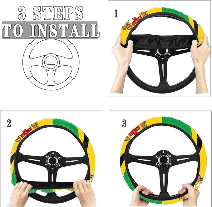Howilath Jamaican Flag Pattern Universal Car Seat Covers/Steering Wheel Cover/Coasters/Seatbelt Pads/Keychain/Armrest Cushion, Auto Accessories 10pcs