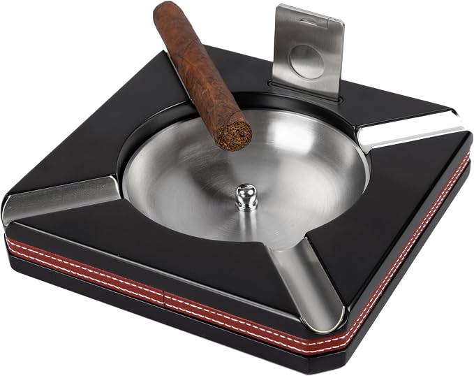 Leather Motif Trim 4 Cigar Ashtray with On-Board Guillotine Cutter - Color: Black & Burgundy Red