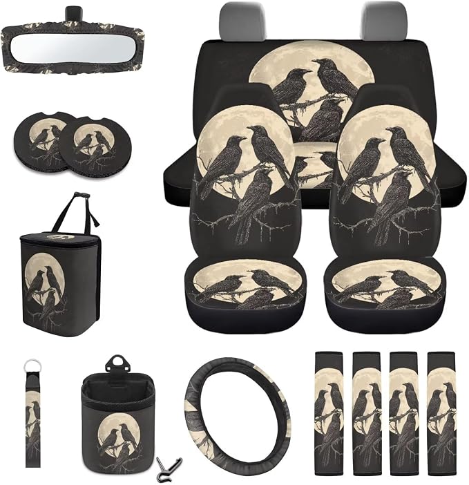 Crow Moon Pattern Auto Accessories Set of 15, Car Seat Cover Steering Wheel Cover Seat Belt Cover Air Vent Storage Bag Keychain Trash Bin and Mirror Cover