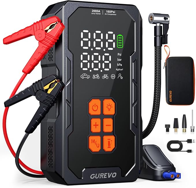 Jump Starter with Air Compressor, Car Battery Jumper Starter Portable with Auto-Shutoff Tire Inflator, Car Battery Charger Jump Box for 8.0L Gas/6.0L Diesel Engines