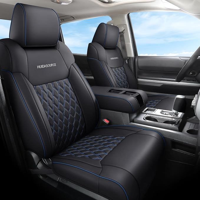 Huidasource Seat Covers for Dodge Ram 2019-2025 RAM 1500 2500 3500 Crew/Mega Cab, Waterproof Ram Leather Seat Covers Full Set, Front & Rear Ram Truck Seat Cushion Covers (Full Set/Black&Blue)