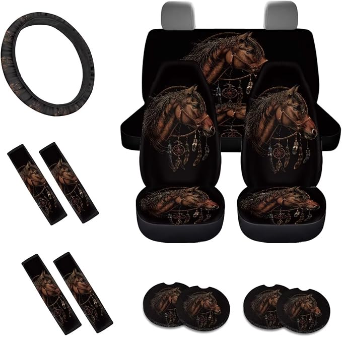 Horse Dreamcatcher Pattern Auto Accessories Set of 13, Car Front and Back Seat Covers Full Set + Steering Wheel Cover + Safe Belt Pad for Car + Coasters with Notch