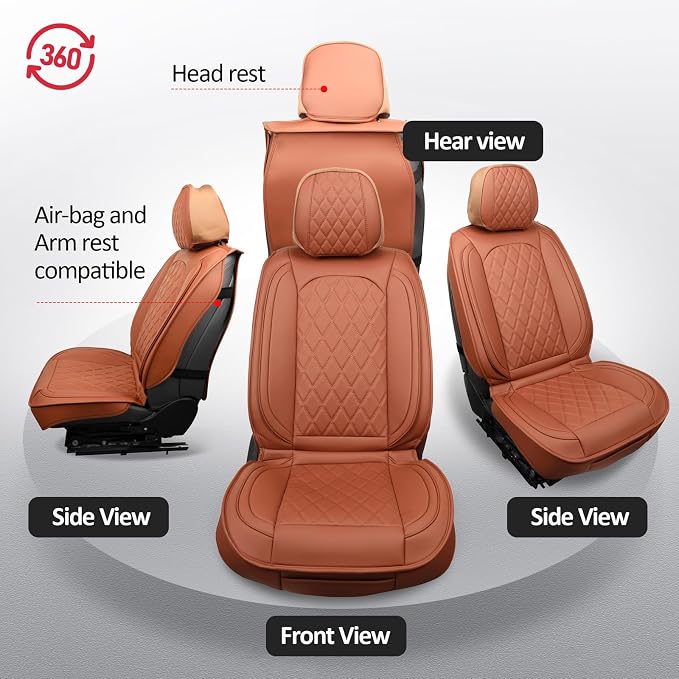 MIROZO Front Seat Covers Brown, Waterproof Car Seat Covers Faux Leather Automotive Seat Covers Car Seat Protector Vehicle Cushion Cover for Sedan, Truck and SUV Car Accessories(2PCS Front, Brown)