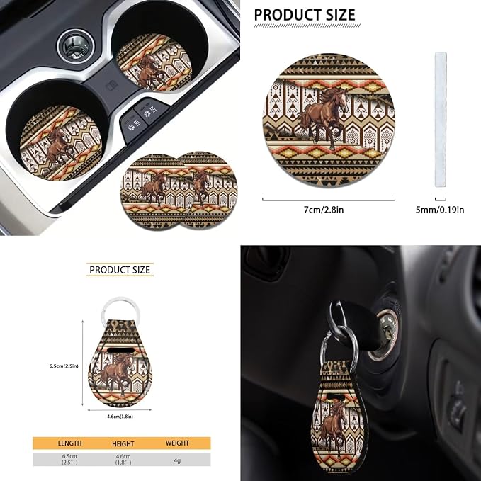 12Pcs Brown Horse Auto Seat Cover Protection Front Rear Seats,Breathable 15 Inch Steering Wheel Covers+Coaster+Keychain+Armrest+Seat Belt Pads,Southwestern Tribal Horse Car Accessory Decor