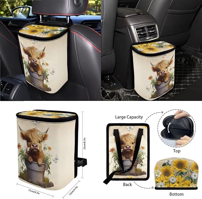 Wanyint Highland Cow Sunflower Car Front Back Seat Covers Full Set, with Car Steering Wheel Cover Safe Belt Pads Coasters Garbage Can Rear View Mirror Cover Keychain Air Vent Storage Holder, Set of 15
