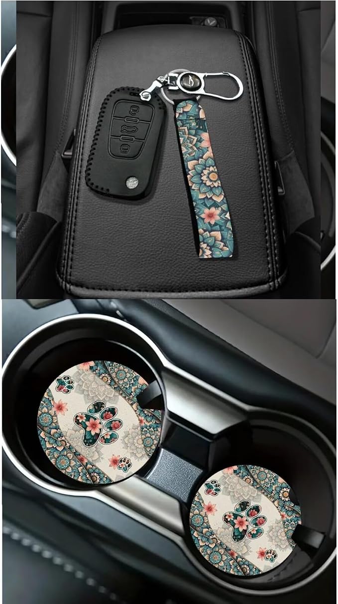 Dreaweet Dog Paw Car Seat Covers Full Set for Women Boho Car Accessories Steering Wheel Cover Seat Belt Pads Coasters Trash Bag Vent Storage Pouch Rear View Mirror Cover Keychain Universal Fit