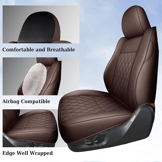 Coverado Tacoma Seat Covers, Leather Car Seat Covers Full Set Custom Fit 2005-2023 Toyota Tacoma Double/Crew Cab, Seat Covers for Cars Car Seat Protector(Brown)
