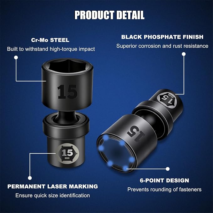Professional 1/4" Drive Impact Swivel Socket Set,16-Piece Universal Metric Wobble Sockets (5-15MM) with 2", 6" Extension Bars & Socket Adapters, 6 Point, CR-MO, EVA Foam Organizer