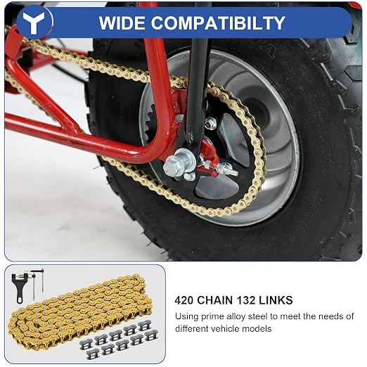 YOXUFA 420 Chain 132 Links Replacement for 110cc 125cc 70cc 50cc SSR TaoTao Apollo Coolster Kazuma Pit Dirt Bike ATV 4 Wheel Predator 212 Coleman CT200U Baja MB200 Mini Bike Go Kart Gold Parts