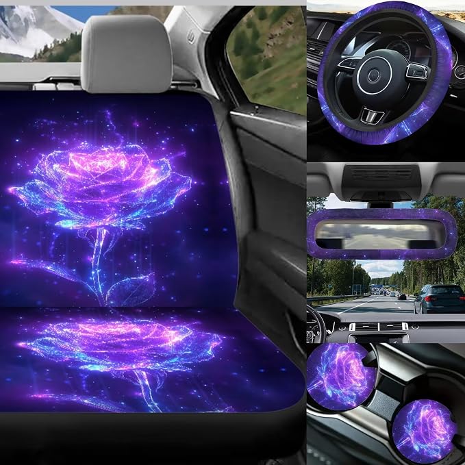 17Pcs Purple Rose Car Seat Covers Full Set with Front and Split Rear Bench,Dreamy Rose Head Rest Covers,Vehicle Trash Bag Car Interior Accessories for Women Universal Fit,Car,Truck,SUV,Van