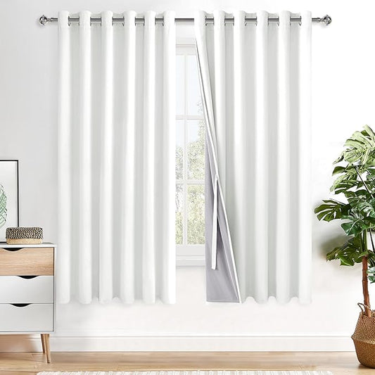 XWZO 100% Blackout Curtains 63 Inches Length with Tiebacks- Heat and Light Blocking Ring Top Window Drapes with Black Liner Backing for Bedroom/Kid's Room, Ivory, W70 x L63, Set of 2 Panels
