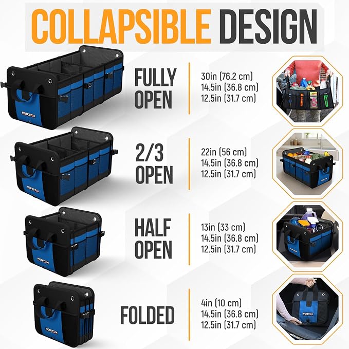 FORTEM Trunk Organizer with Cooler For SUV Car Organizer and Storage, Collapsible Multi-Compartment, Perfect Christmas Gifts For Men, Women, 1680D Oxford, Non Slip Bottom, Straps, Soft Cover 110L