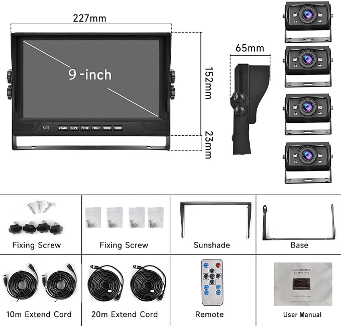 9 Inch 4-Channel 1080P Wired Backup Camera System with DVR, Quad Split Screen Monitor, 4 Waterproof Night Vision Cameras Included, Loop Recording, Remote Control for Truck/RV/Trailer/Bus/Car