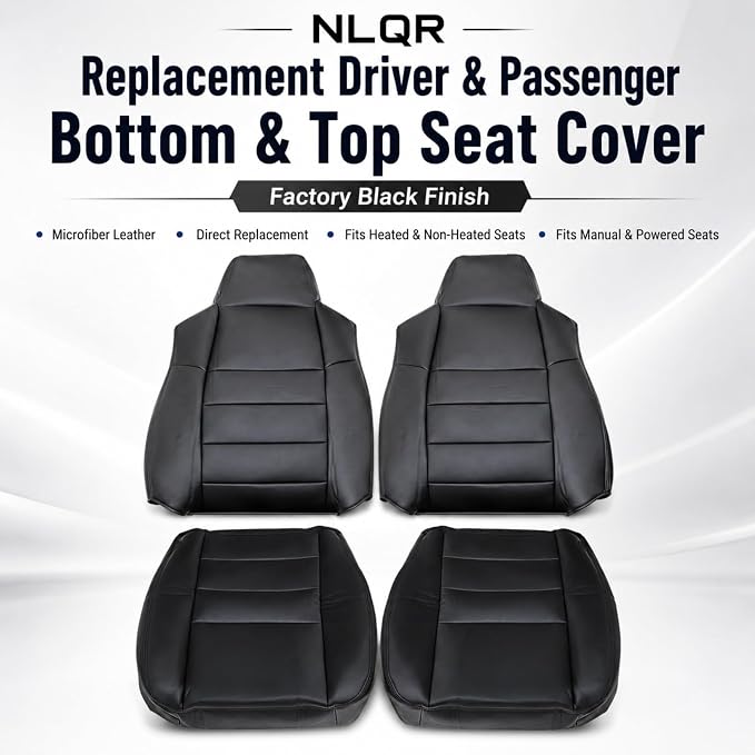 NLQR Black Driver & Passenger Side Bottom & Top Lean Back Replacement Microfiber Leather Seat Covers fit for Ford F250 F350 F450 F550 Lariat 2002 2003 2004 2005 2006 2007 Excursion 2002 2003 2004 2005