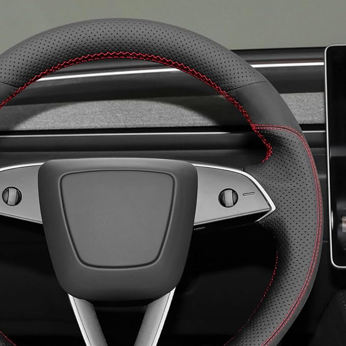MEWANT Hand Stitch Black Suede Perforated Genuine Leather Steering Wheel Cover for 2024 Tesla Model 3 Highland
