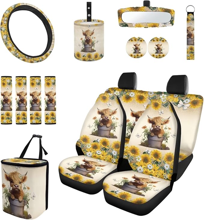 Sunflower Highland Cow Car Seat Covers Full Set for Women Cute Car Accessories Interior Car Steering Wheel Cover Seatbelt Covers Trash Bin Rear View Mirror Cover Cup Holders Keychain