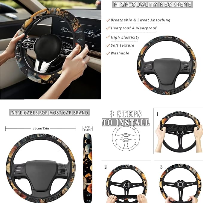 Mushroom Moth Floral Car Seat Covers Full Set 15 Pcs Universal Car Accessories Steering Wheel Cover Seat Belt Pads Garbage Bag Car Headrest Pillow Covers Armrest Pad