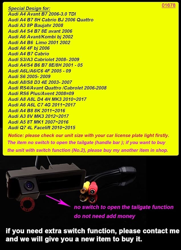 Trunk Handle Vehicle Camera Integrated into Case Handle Rear View Parking Camera Reverse Camera with Switch Replacement for A6L/Q7/A3 8P 8V /A4 B6 B7/A6L/8E/S5(01678=110 * 32 mm)