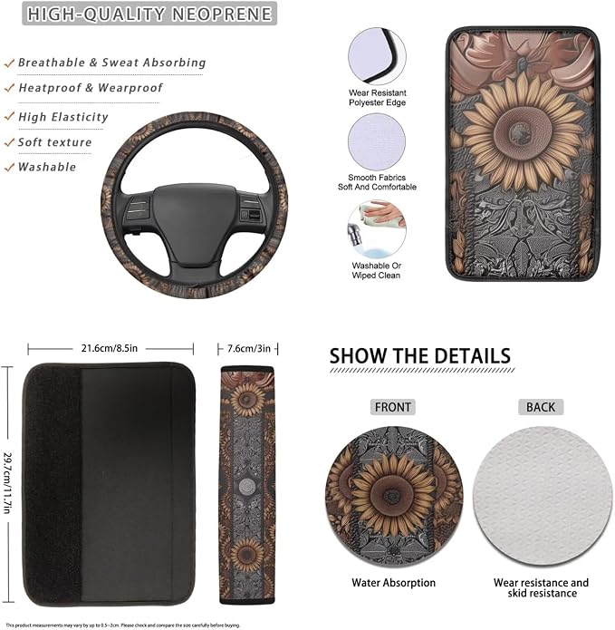 Lotusorchid Sunflower Print Car Seat Cover Set of 16, Anti-Dust Car Front Back Seat Covers and Gear Shift Knob Cover, Universal Fit Carseat Covers Combo Set for Man Women