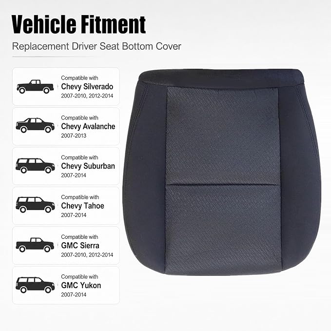 GXARTS Cloth Front Driver Side Bottom Replacement Seat Cover Compatible with Chevy Silverado Avalanche Suburban Tahoe GMC Sierra Yukon 2007 2008 2009 2010 2012 2013 2014 Black #19C