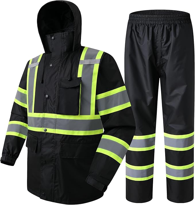 JKSafety Hi-Vis Reflective Safety Rain Jacket and Pants for Men Women Waterproof Rain Gears for Farming Fishing Work HV Rain Suit with Inner Mesh Lining and Pockets (117-Black L)
