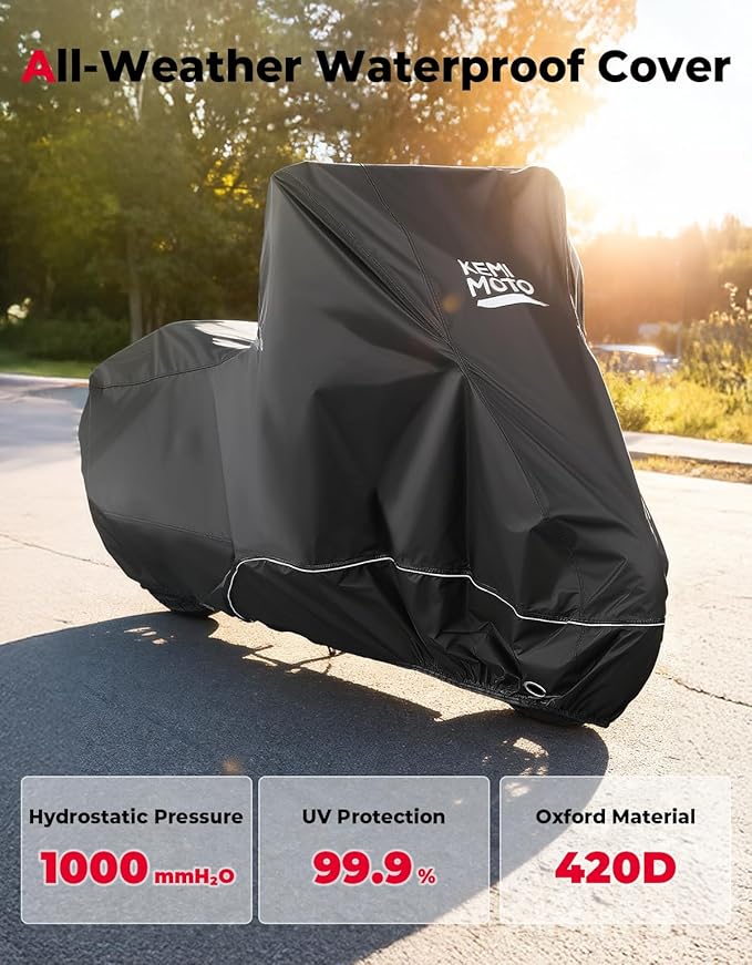 KEMIMOTO Heavy Duty 420D Motorcycle Cover Storage Bag Fit Waterproof Fit for Rebel300 500 1100 Sportster Iron 883 Shadow Vulcan S Boulevard S40 Outdoor All Weather Rain Snow Dust UV Cover & Lock Hole