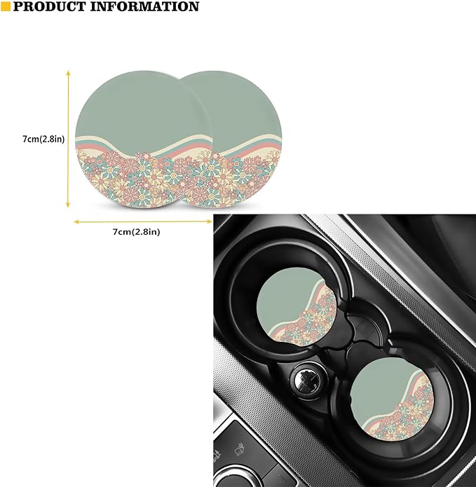 Abstract 70S Groovy Flower Auto Seat Cover Full Set for Women,12 Pack Green Swirl Wavy Auto Front Back Seat Cushion Protective Accessory with Coaster Keyring Steering Wheel Cover Armrest Pad
