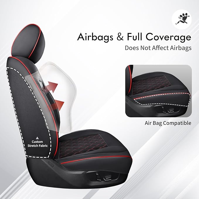 Huidasource Front Seat Covers for Jeep Wrangler JL 2018-2026, Waterproof Leather 2Pcs Front Seat Protector for Wrangler JL 2 Door/4 Door Sport Rubicon Sahara High Altitude (Front Pair/Black&Red)