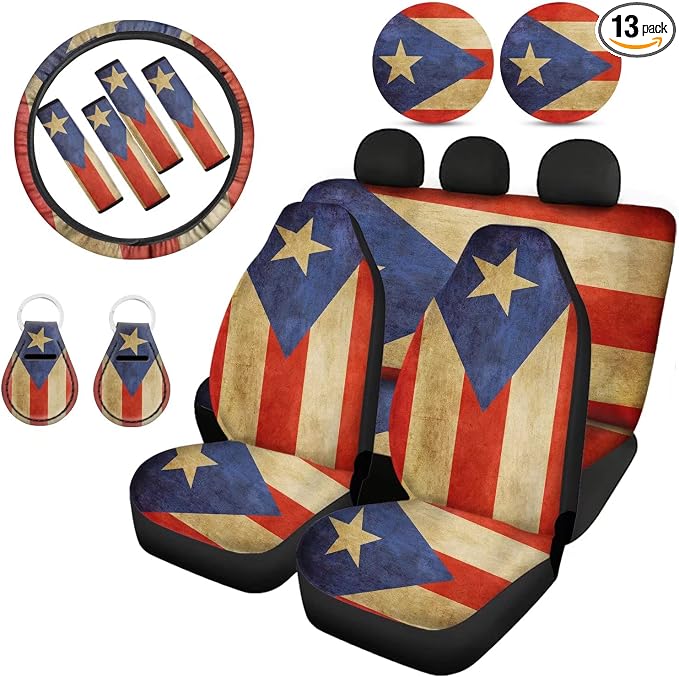 Howilath Puerto Rico Flag Print 13 Pieces Auto Accessories Set Car Seat Covers Full Set,Steering Wheel Covers,Seat Belt Shoulder Pads,Keychains,Coasters,Universal Fit for Most Cars Trucks Suvs