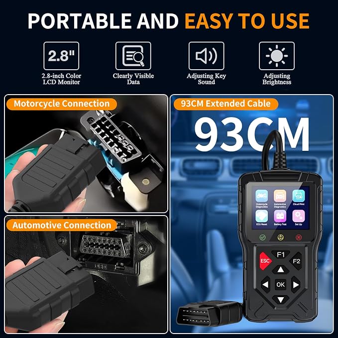 M60 2-in-1 OBD2 Scanner for Car & Motorcycle, Enhanced Live Data & Engine Fault Code Reader, Diagnostic Scan Tool for Error Check and Clear,Used for Almost OBDII Protocol Vehicles (Black)