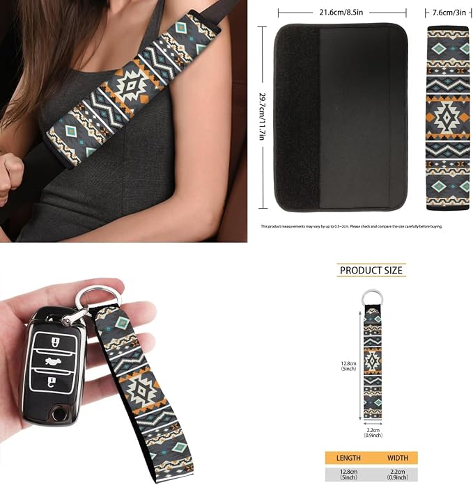 Native Geo Car Seat Covers Set of 15 with Universal Steering Wheel Cover, Rearview Mirror Cover, Car Trash Can, Seatbelt Pads, Cup Holder Coasters, Keychains