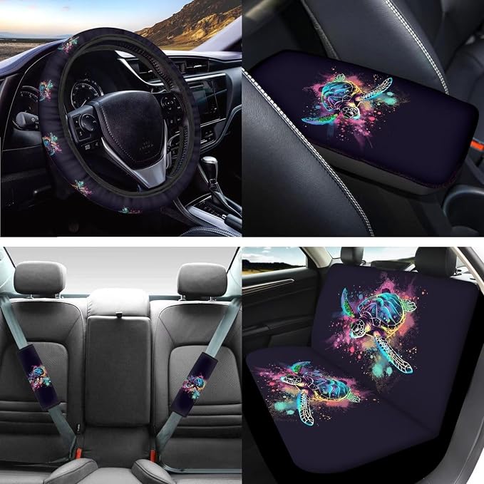 Mumeson Sea Turtle Car Front and Rear Bench Covers Set with Rubber Steering Wheel Cover + Armrest Cushion for Cars + Seat Belt Shoulder Pads Full Set of 8 Pieces Auto Decor
