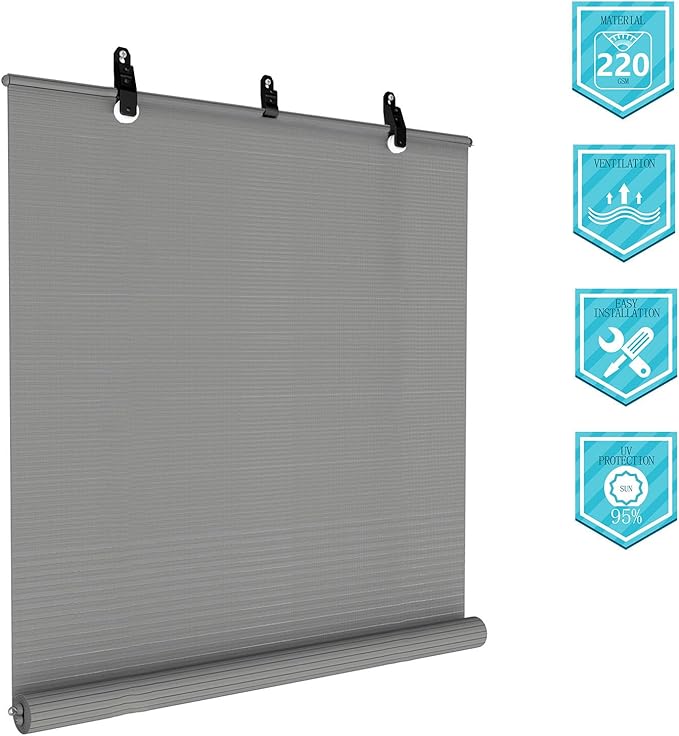 Coarbor Outdoor Roll up Shades Blinds for Pergola Porch Balcony Deck Roller Shade Screen 5'W x 14.5'L Hollow Out Light Grey