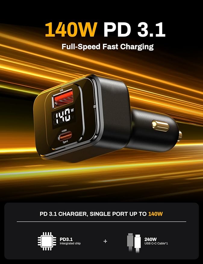 USB C Car Charger Fast Charging 170W, PD3.1 Single Type-C Port Max Output Power 140W Car Charger with Real-Time Display for MacBook, Laptop, iPhone 17/16/15, Samsung S25, Drone and More Black