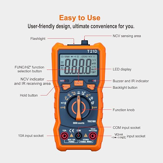 Auto-Ranging Digital Multimeter, TRMS 6000 Counts AC DC Voltmeter Ohm Volt Amp Meter, Electrical Multimeter Tester with NCV, Measure Capacitance Current Resistance Temp Continuity Diode Duty Cycle