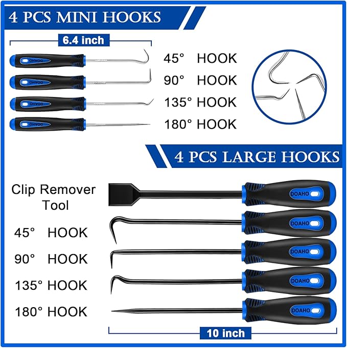 DOAHO 17Pcs Mechanic Hook and Pick Tool Set & Car Trim Removal Kit with Fastener Clip Pliers,Rivet Puller,Magnetic Pickup,Gasket Scraper,Non-Scratch Plastic Pry Tools for Automotive Repair-Blue