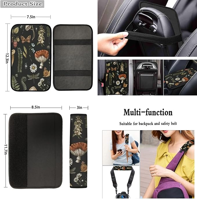 Mushroom Car Seat Covers Full Set of 12 Pcs,Retro Mushroom Auto Steering Wheel Cover/Seatbelt Pad/Armrest Cushion/Coaster/Keychain Universal Auto Interior Protector Accessory