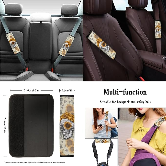Sunflower Skull Print Soft Comfortable Car Seat Covers, Neoprene Steering Wheel Cover, Seatbelt Pads, Shift Knob and Handbrake Cover, Car Coasters, 11pcs Halloween Decorations