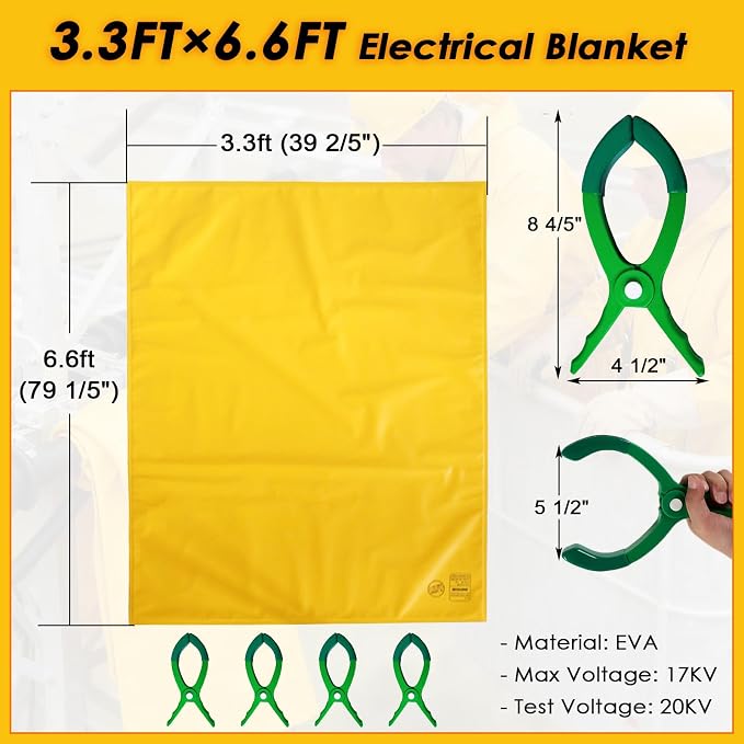 3.3' x 6.6' Voltage Insulating Blanket 17KV, High/Low Voltage Electric Insulated Blanket with 4 Pcs Insulation Clamp, for Around Substations/Distribution Room, Yellow