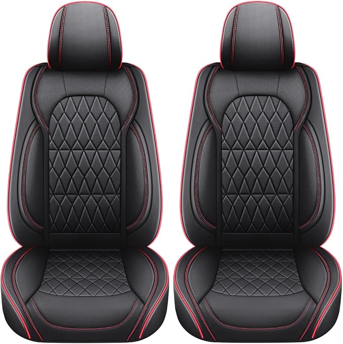 Aierxuan 2 Pcs Front Seat Covers, Waterproof Leather Universal Fit Toyota 4Runner Corolla Chr Focus Fiesta Fusion Escape Explorer Audi Q3 Q5, Black-Red