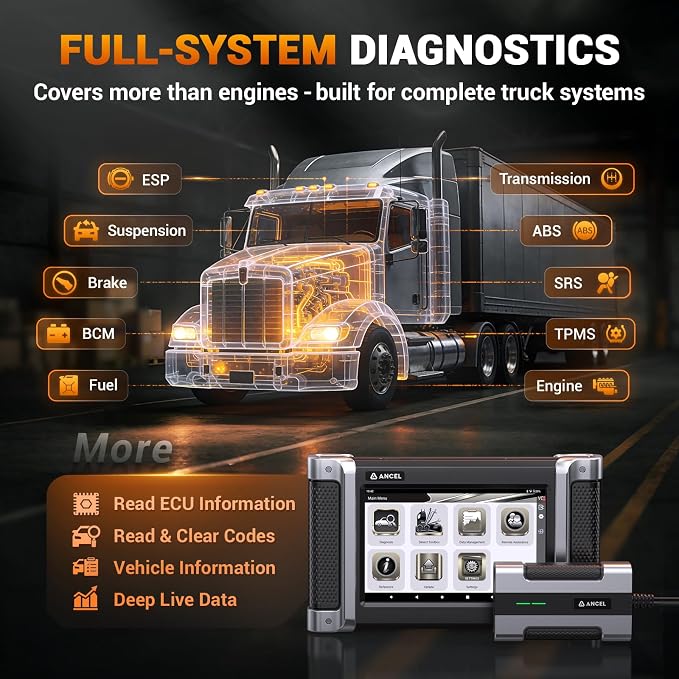 ANCEL HD8000 Heavy Duty Truck Diagnostic Scanner, Advanced Diesel Scanner with DPF Regen, Idle & Speed Limit Adjustment, Full-System ECU Diagnostics, Lifetime Free Updates