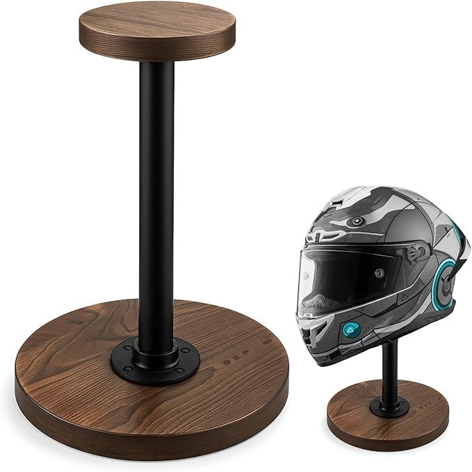 motofans® Industrial Style Helmet Stand, Rustic Burnt Solid Wood and Black Metal Pipe Cap and Wig Display Stand(1pcs)