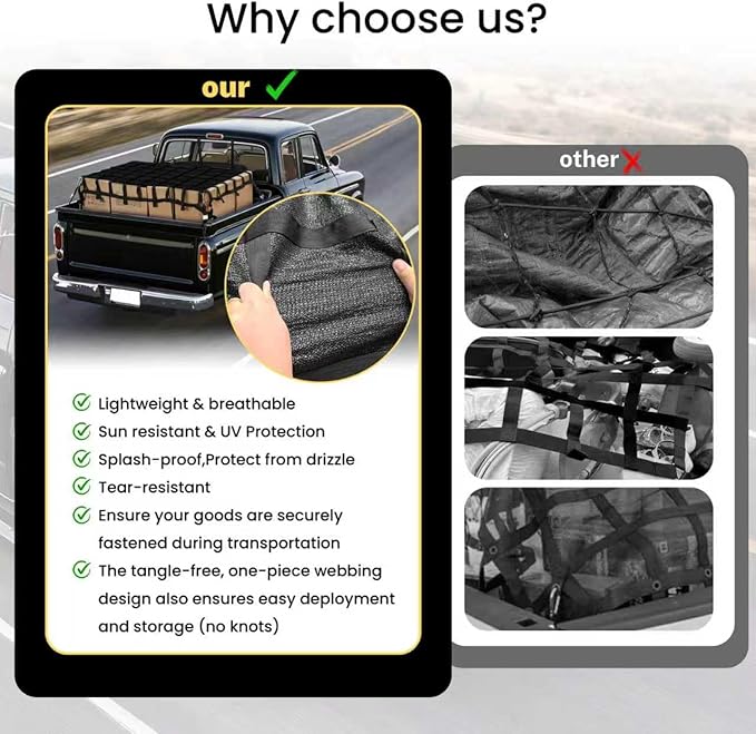 6'×4.75'Cargo Net with Mesh,Basic Waterproof,Breathable,UV Protection,4 Adjustable Straps with Carabiners & S-Hooks.Cargo Net for Pickup Truck Bed is Suitable for Trailer,Pickup Truck,Boat,Jeep,SUV