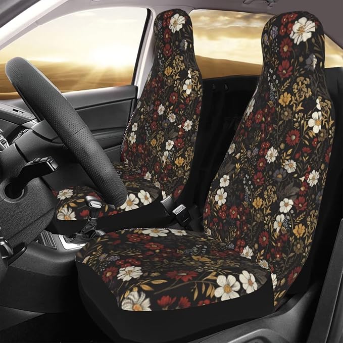 Floral Car Seat Cover Retro Daisy Car Floor Mats Bucket Seat Cover Brown Boho Flower Car Front Seat Cushion Full Set of 6 Cars Decor