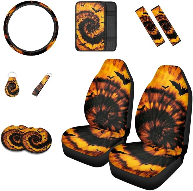 Howilath Tie-dye Swirl Bats Print Car Seat Covers/Steering Wheel Cover/Seatbelt Pads/Coasters/Keychain/Armrest Cushion, 10pcs Auto Interior Accessories